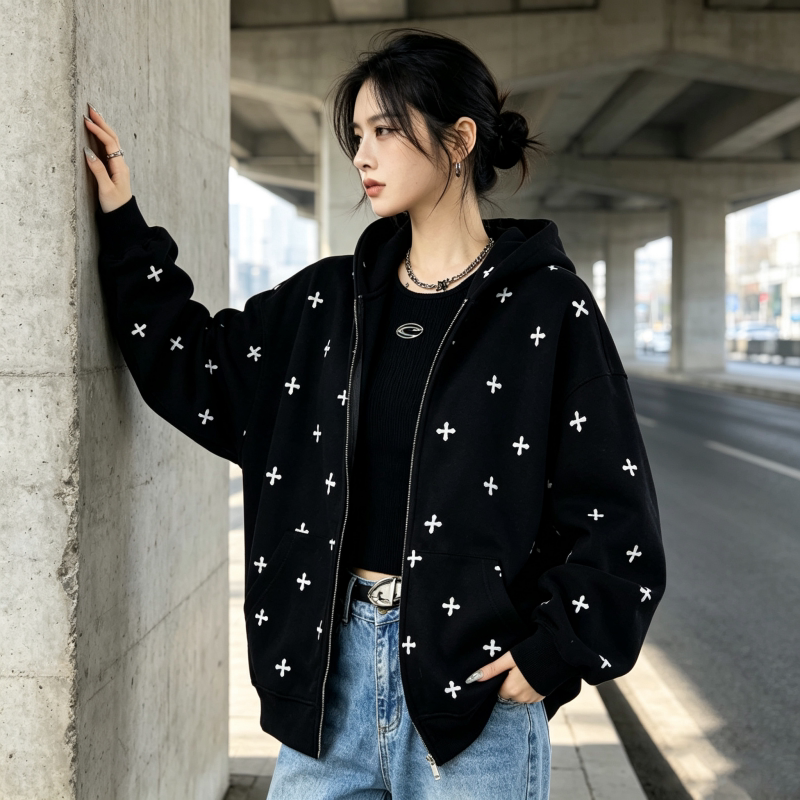 日系慵懒印花连帽拉链开衫女宽松休闲卫衣设计感洋气潮流长袖外套