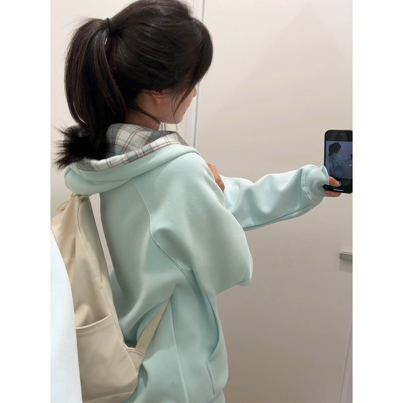 美式复古格子拼接连帽卫衣女春秋oversize薄款外套宽松慵懒风开衫