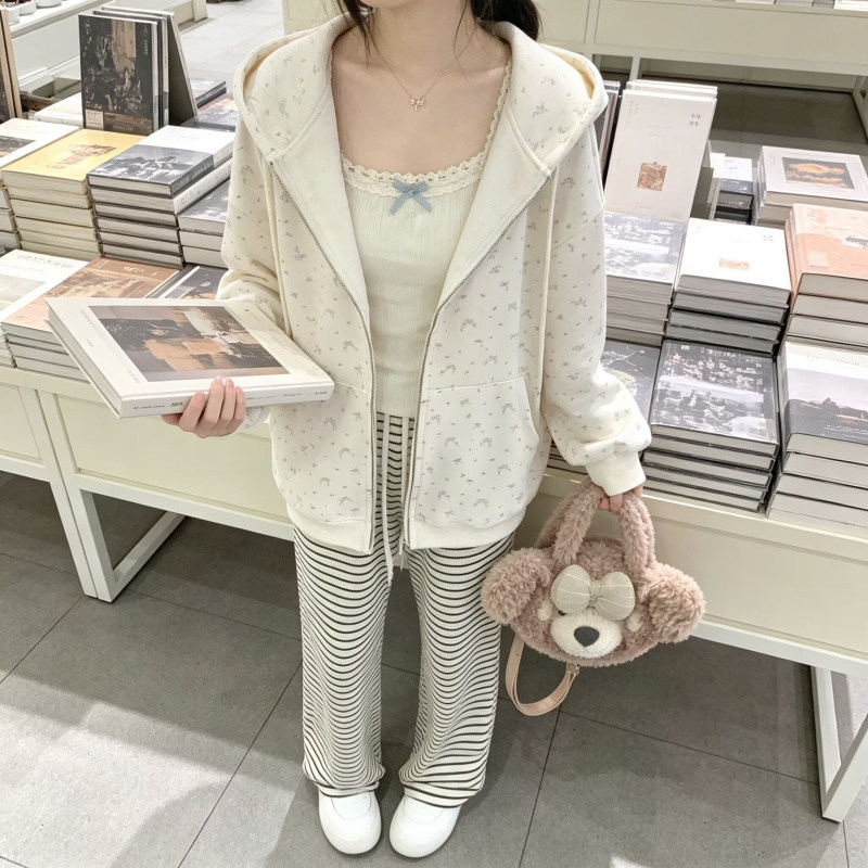 学院风大码卫衣上衣女蝴蝶结印花拉链可爱风韩版宽松百搭连帽开衫
