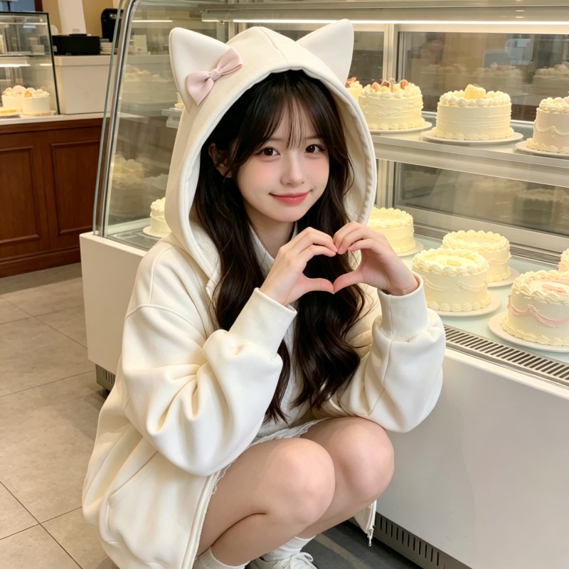 甜美蝴蝶结猫耳连帽开衫女韩版宽松拉链卫衣学生百搭休闲外套潮牌
