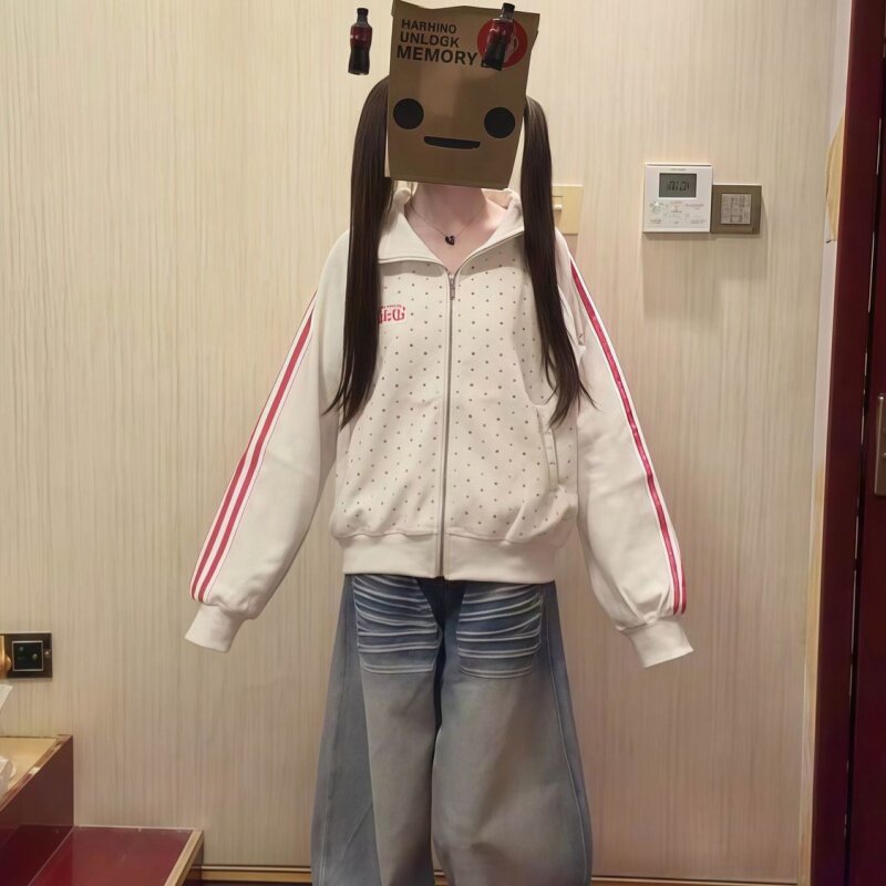 潮流卫衣拉链外套女生春秋季新款满印美式学院风复古休闲气质上衣