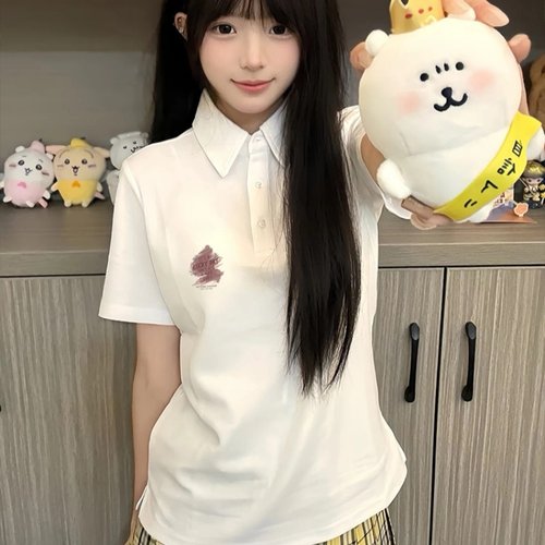 翻领白色短袖t恤女夏季2025新款正肩polo衫时尚洋气宽松半袖上衣