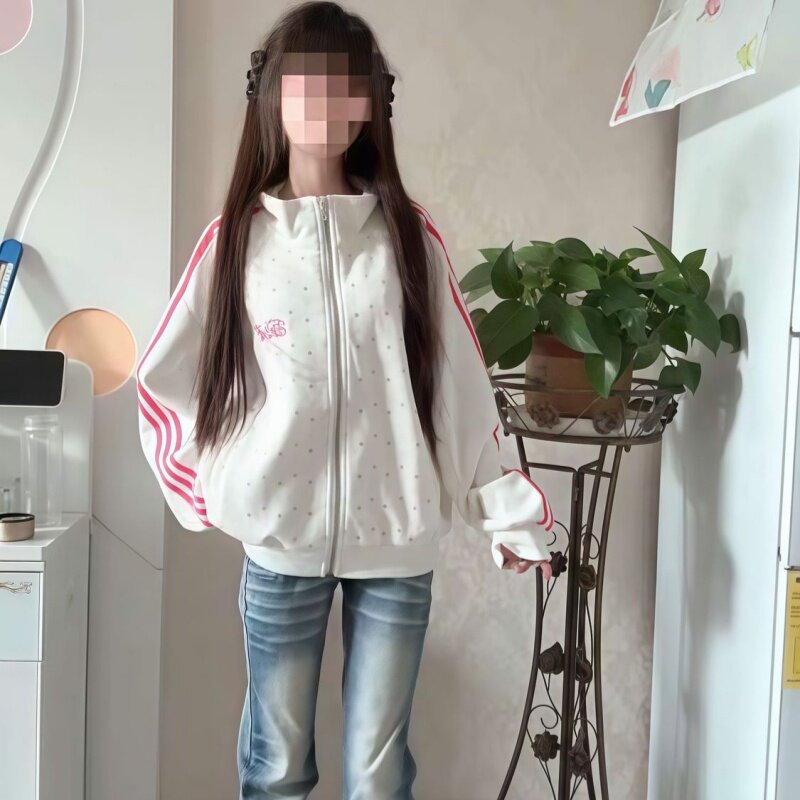 大码卫衣拉链外套女秋季新款满印美式学院风复古休闲气质百搭上衣