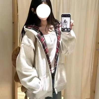 爆款秋冬设计感格子拼接拉链学生校园风宽松开衫外套连帽卫衣女潮