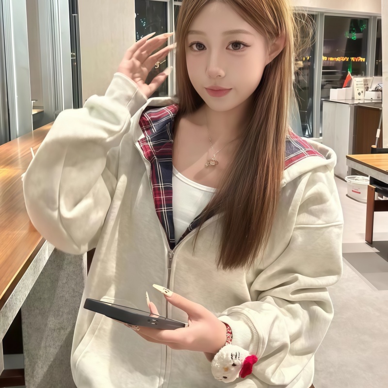 美式复古ins红格纹连帽卫衣拼接撞色超火宽松慵懒高级感百搭上衣