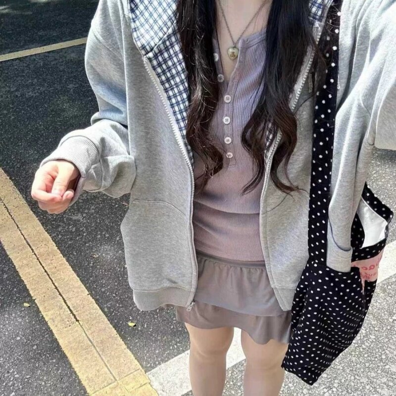 美式复古格子连帽卫衣女春秋oversize薄款外套chic宽松慵懒风开衫