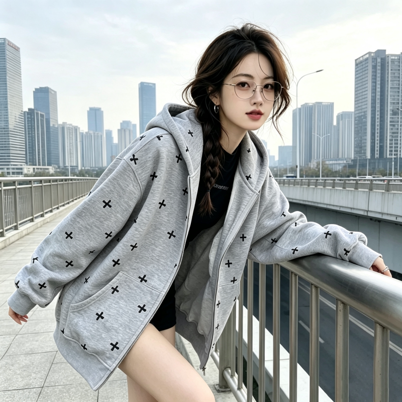 新款港风印花连帽拉链开衫女宽松休闲卫衣潮牌简约风洋气长袖外套