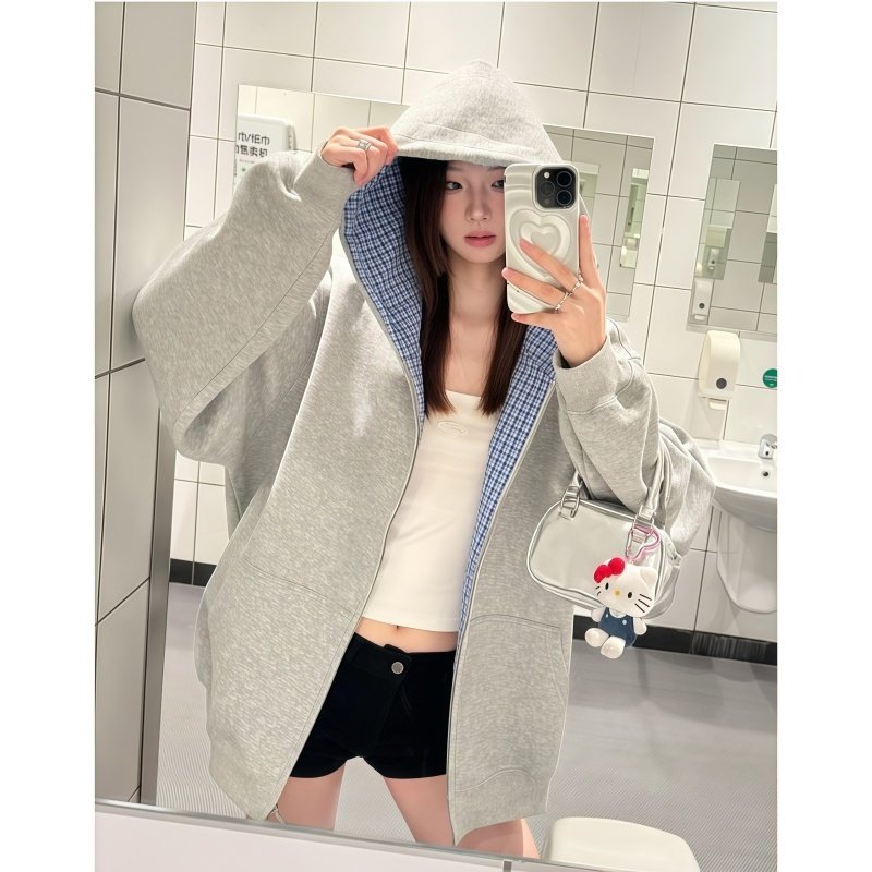 2026新款韩系格纹拼接连帽卫衣女秋季情侣装宽松开衫外套灰色上衣