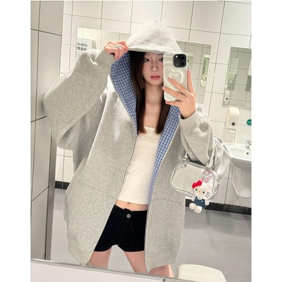 2025新款韩系格纹拼接连帽卫衣女秋季情侣装宽松开衫外套灰色上衣