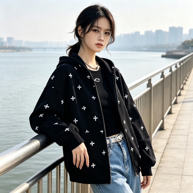 港风慵懒风洋气印花连帽拉链开衫女宽松休闲卫衣简约百搭长袖外套