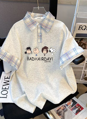 日系plol衫美式复古拼接格子撞色短袖t恤女夏季宽松情侣半袖上衣