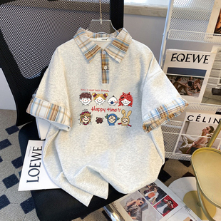 2026新款大码polo可爱卡通印花设计短袖T恤夏季宽松格子领上衣女