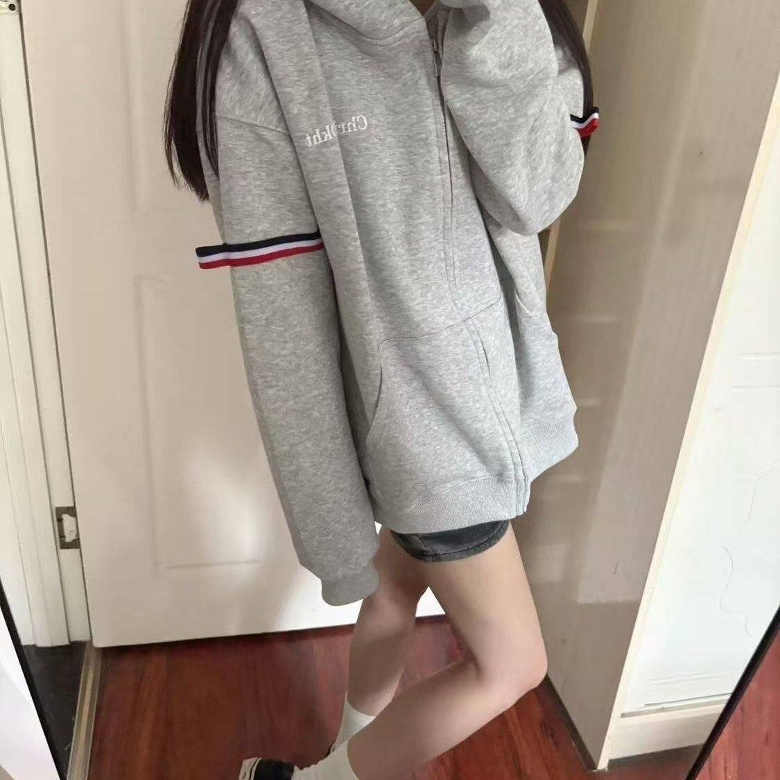 美式复古双袖彩色织带拉链卫衣女2026年潮牌宽松休闲百搭开衫外套