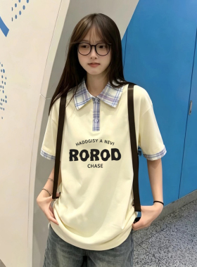 韩系港风格子印花宽松学院 Polo 衫女装有领复古耐看基础上衣潮牌