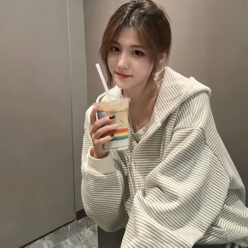 韩系氛围感条纹开衫连帽卫衣女秋季宽松休闲长袖外套慵懒风上衣潮