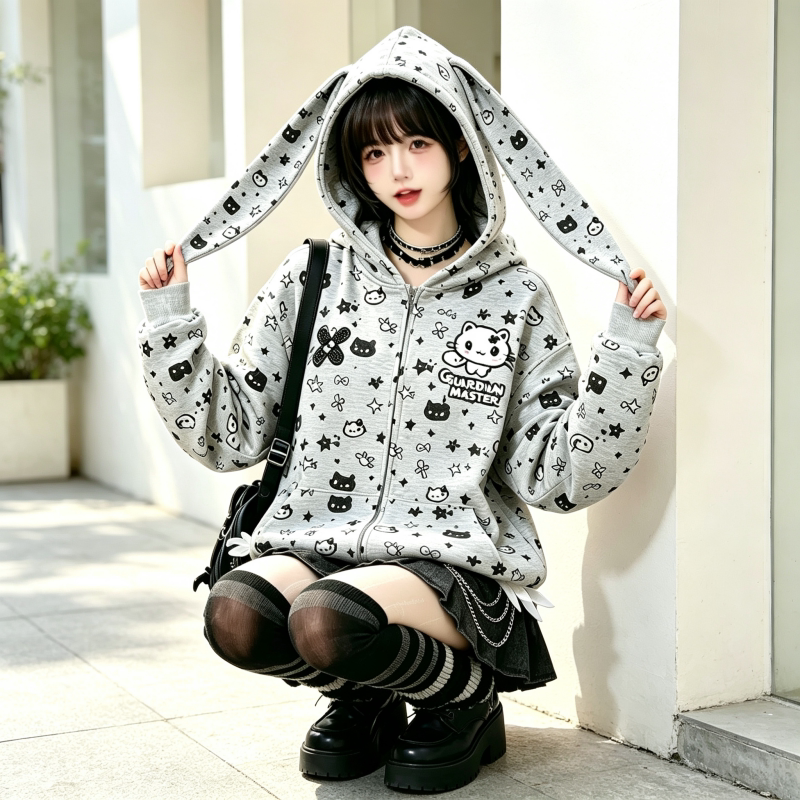 慵懒风长兔耳朵连帽外套女宽松休闲卫衣长袖开衫少女日常百搭上衣