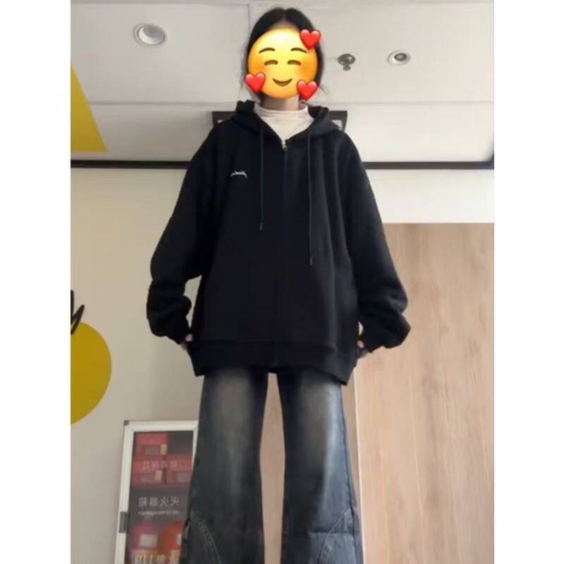 爆款日系黑色慵懒宽松春秋学院风连帽卫衣开衫外套女拉链长袖上衣