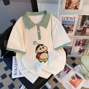 设计大码 慵懒风夏季 拼接上衣短袖 简约POLO美式 女 宽松学院T恤新款
