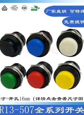 R13-507开关 点动无锁自复位2脚圆型红绿色防水16MM圆形电源按键