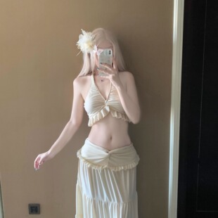 AYSTUDIO性感度假风扭结挂脖分体泳衣女辣妹纯欲风显瘦遮肉泡温泉