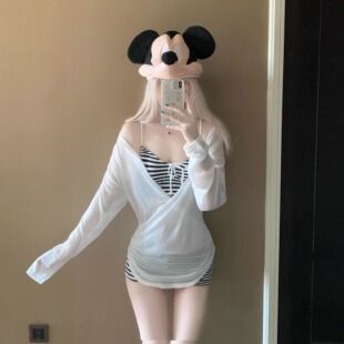 条纹性感显瘦泡温泉比基尼 泳衣女款 AYSTUDIO绝美度假纯欲长袖 罩衫