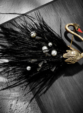 黑色羽毛高档天鹅胸针女奢华大衣别针高端精致时尚高级感胸花配饰