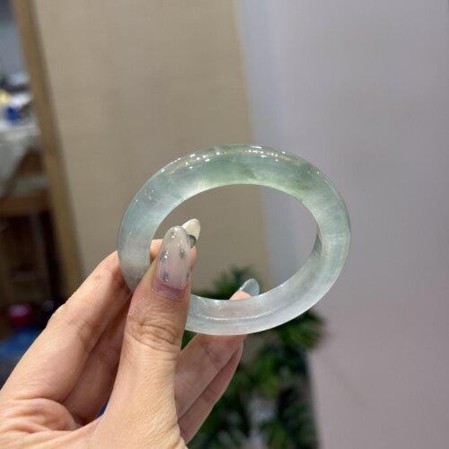 玉长情【桃青澹雅】缅甸高端翡翠高冰透飘花玉手镯子正品真玉处理