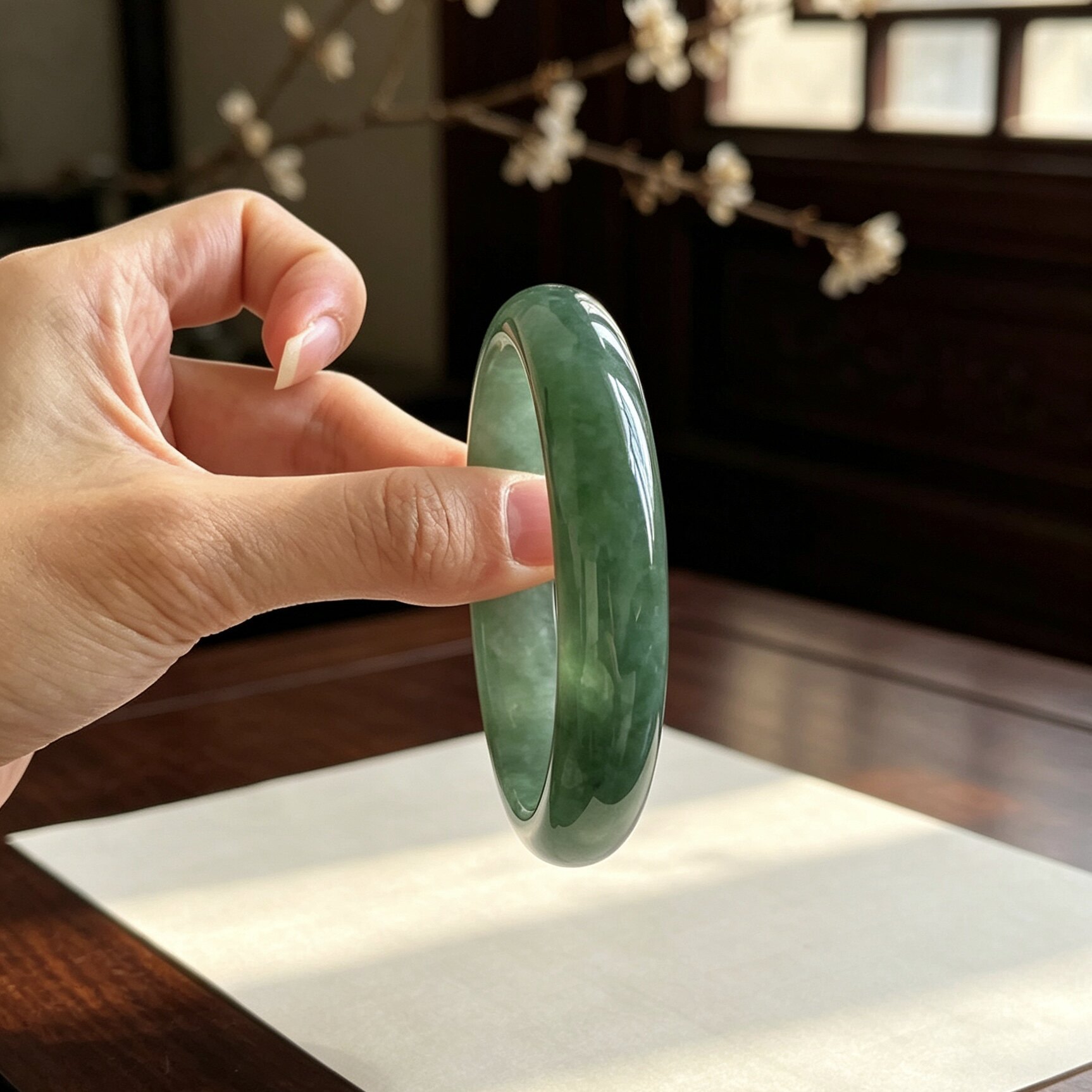 玉长情【浅汐凝芳】高端缅甸翡翠冰种油青玉手镯子正品真玉石处理