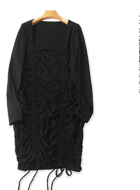 抽绳系带褶皱连衣裙 秋季新外贸女装方领套头长袖大码包臀裙27552