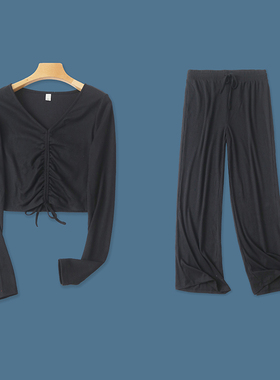 针织时尚套装  春秋新外贸女装V领套头长袖T恤+松紧腰阔腿裤28849
