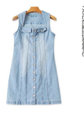 牛仔无袖连衣裙 夏秋新款外贸女装时尚法式领单排扣显瘦中裙31659