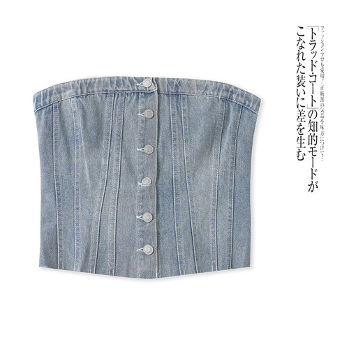 牛仔抹胸上衣 夏秋新款外贸女装时尚单排扣松紧褶皱拼接背心32012