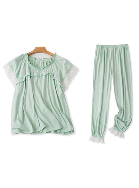 居家服套装  夏秋新女花边拼接圆领短袖套头上衣+松紧腰长裤25776