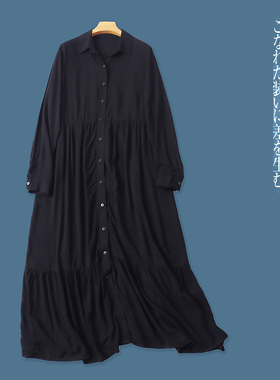 人棉衬衫裙 夏秋新款外贸女装时尚翻领单排扣长袖荷叶边长裙31503