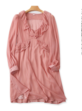 雪纺连衣裙 春夏新外贸女装时尚荷叶边V领长袖透视套头短裙28515