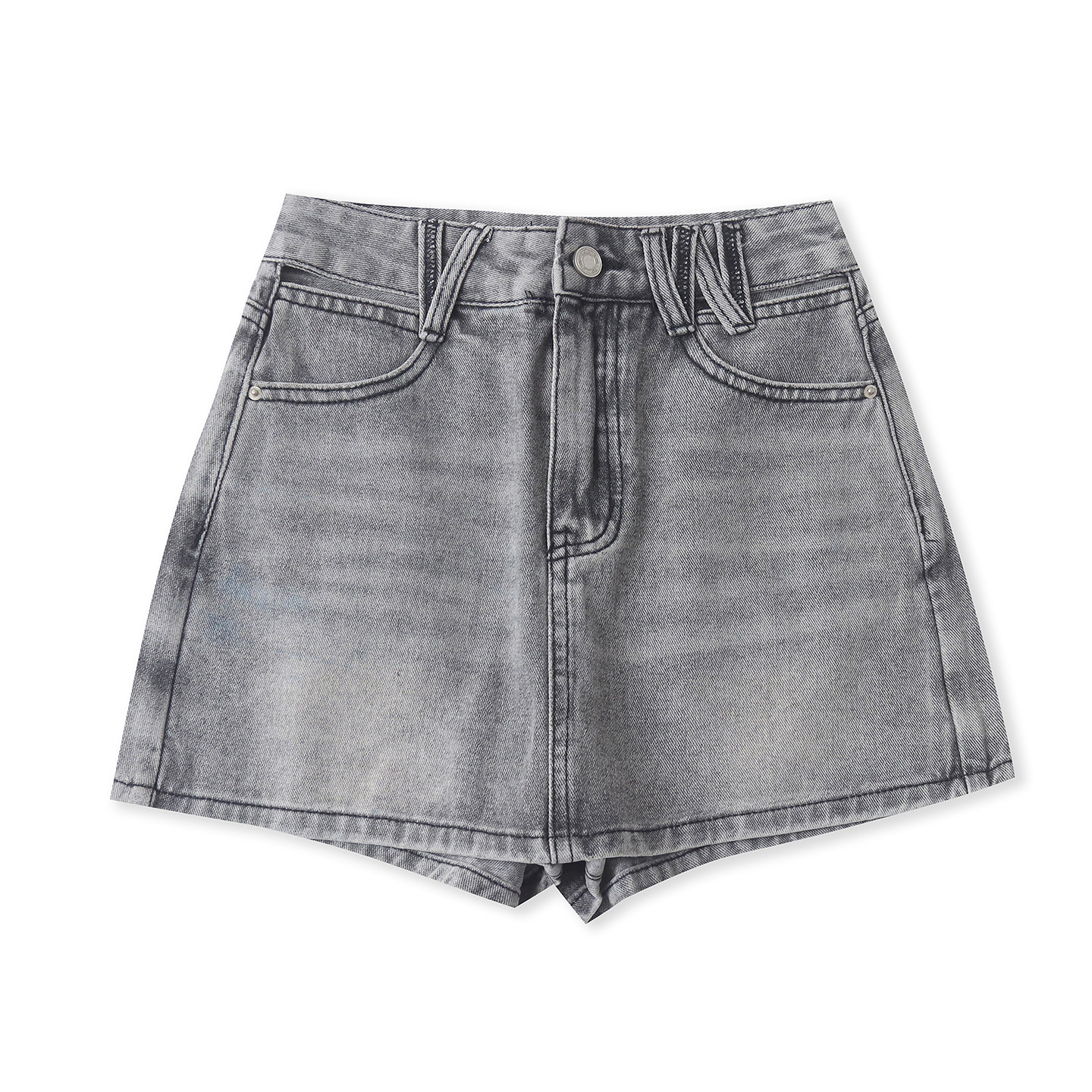 水洗棉牛仔短裙裤 夏季新款外贸女镂空高腰拉链纽扣阔腿短裤33381