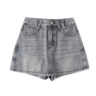 外贸女镂空高腰拉链纽扣阔腿短裤 新款 33381 夏季 水洗棉牛仔短裙裤