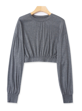 短款T恤  春秋新外贸女装时尚青春百搭圆领套头长袖露脐T恤31705