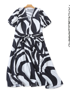 人棉印花连衣裙  夏季新款外贸女装V领套头泡泡短袖大码长裙30683