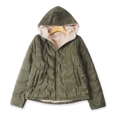 轻薄加绒棉衣 秋冬新款外贸女装时尚连帽领拉链长袖口袋棉服32570