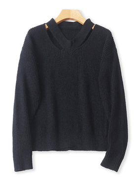 通勤百搭毛衣  秋冬新外贸女装V领镂空套头长袖纯色显瘦毛衣32869