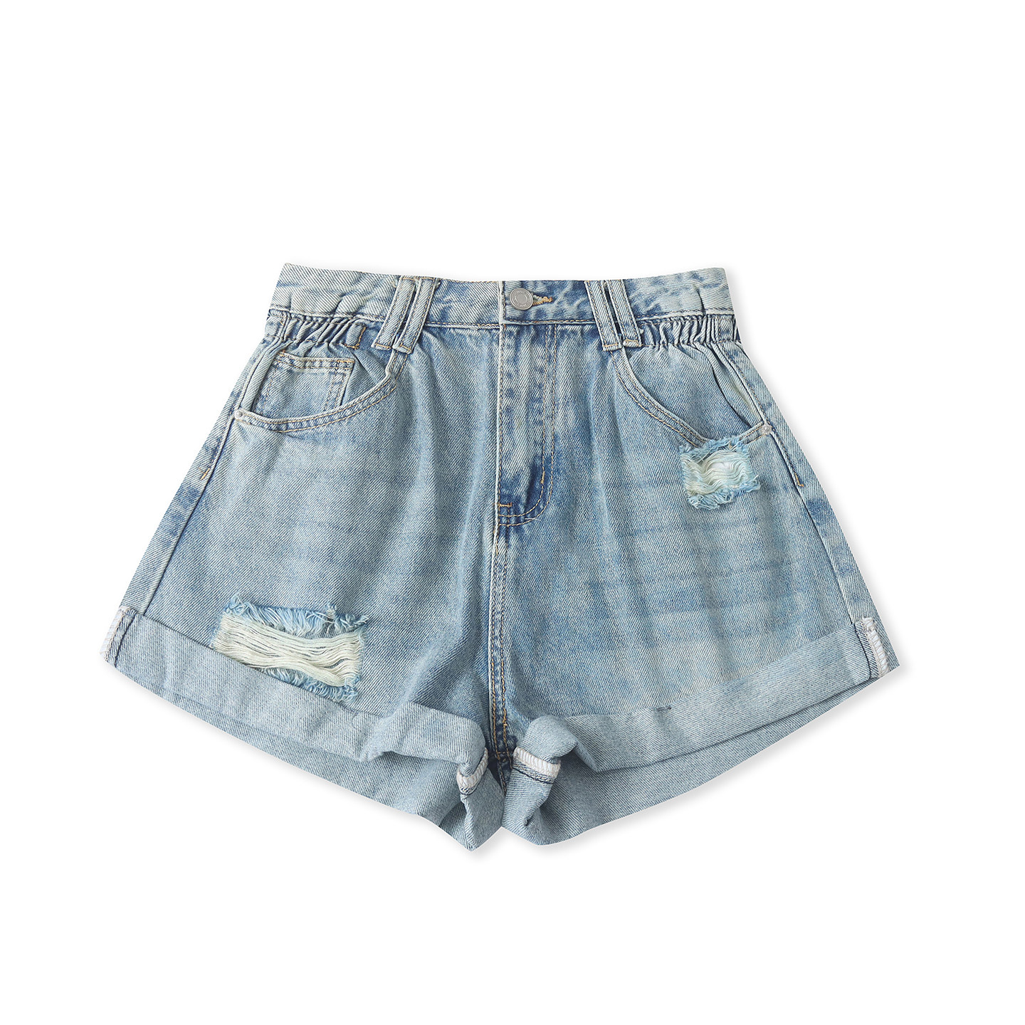 破洞牛仔短裤  夏季新款女装时尚青春高腰拉链纽扣阔腿短裤33388