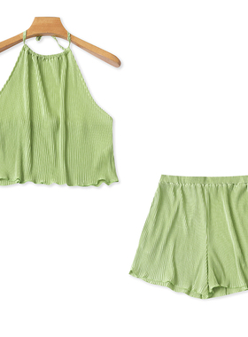 波西米亚百褶套装 夏季新款外贸女装挂脖短背心+松紧腰短裤30639