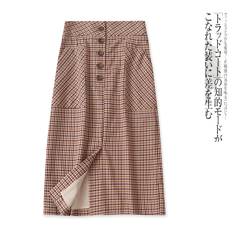 格子半身裙  夏秋新款外贸女装高腰纽扣口袋包臀开叉中长裙29595