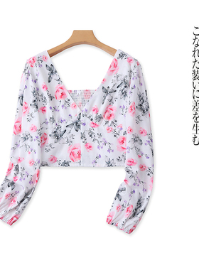 印花短款小衫 夏新款外贸女装时尚修身V领长袖套头褶皱衬衫31758