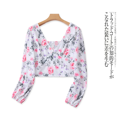 印花短款小衫 夏新款外贸女装时尚修身V领长袖套头褶皱衬衫31758