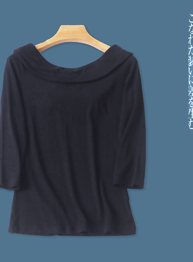 日单针织T恤  春秋新款女装时尚减龄一字翻领七分袖系带上衣30698