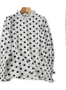 波点衬衫  秋季新外贸女装时尚减龄木耳边圆领套头泡泡长袖26866