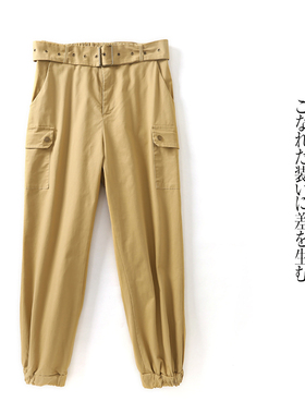 休闲工装裤 春新款外贸情侣宽松半松紧高腰拉链纽扣口袋长裤27314