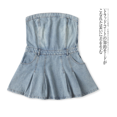 牛仔抹胸裙 夏季新外贸女时尚修身抹胸领套头侧拉链蓬蓬短裙32019
